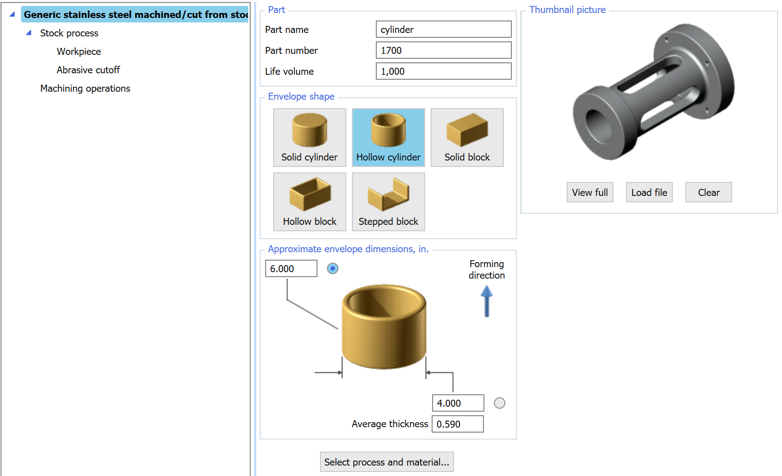 DFMA software part setup screen showing envelope shape, approximate dimensions, life volume, and material/process selection