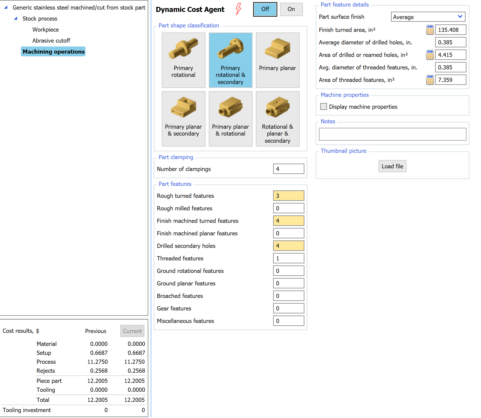 DFMA machining operations screen with Dynamic Cost Agent turned off, showing all feature-level input fields