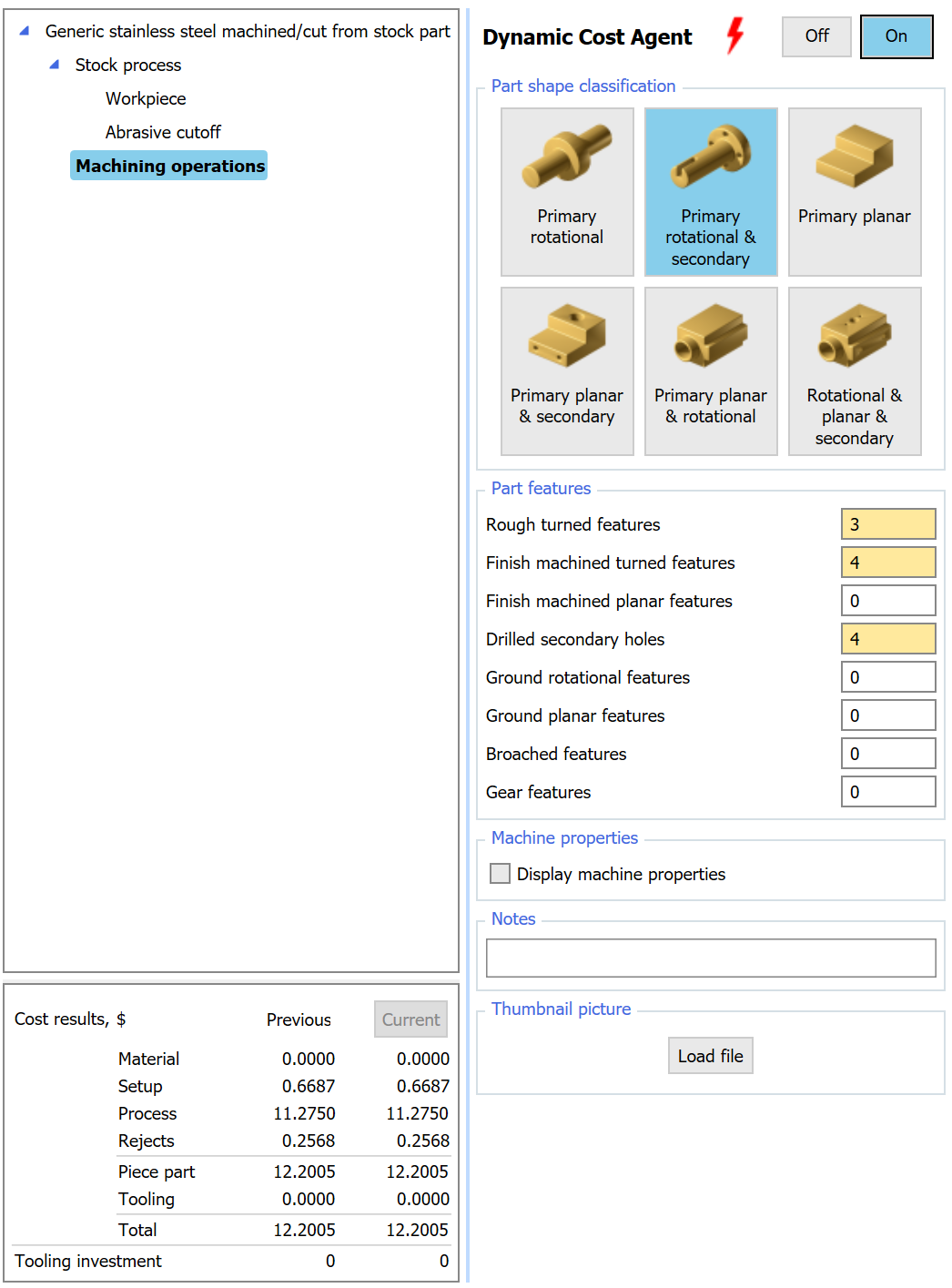 DFMA machining operations screen with Dynamic Cost Agent turned on, showing only cost-driving inputs