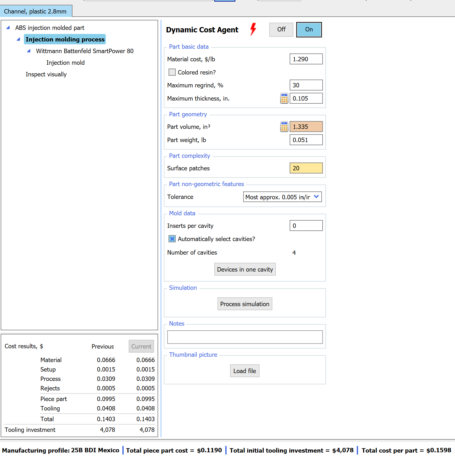 DFMA Should Costing interface showing cost breakdown and cost drivers for a manufactured part