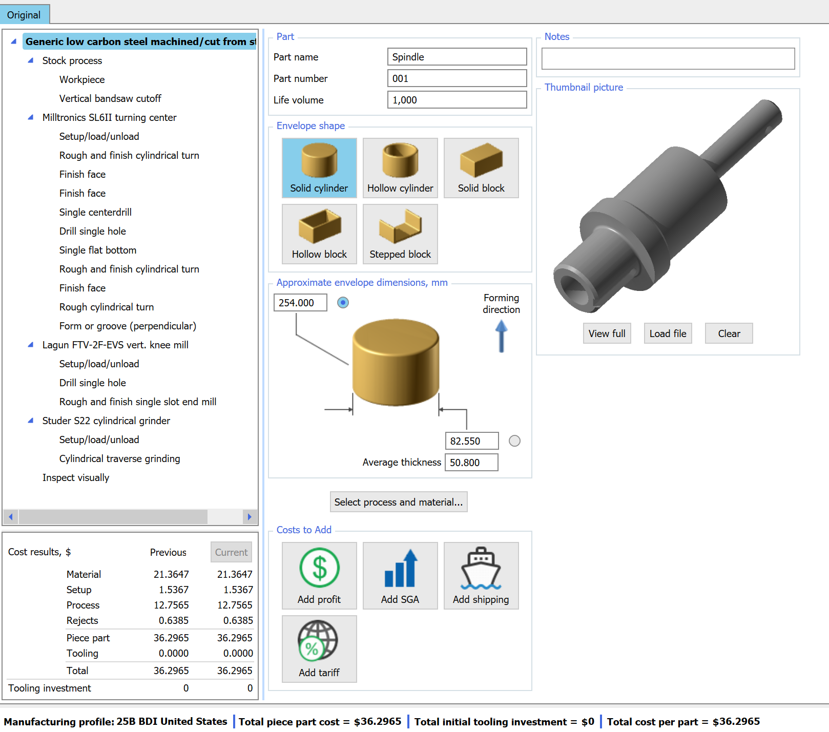 DFMA Should Costing cost breakdown showing material, process time, setup, tooling, and secondary operation components for a machined part